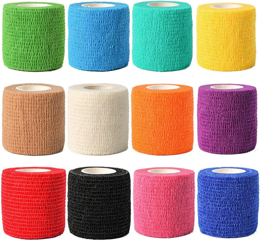 (12-Pack) 2” x 5 Yards | Self Adhesive Bandage Wrap, Kuvvfe Athletic Elastic Cohesive Bandage for Sports Injury,Strain,Knee & Wrist,Ankle Sprains & Swelling First Aid