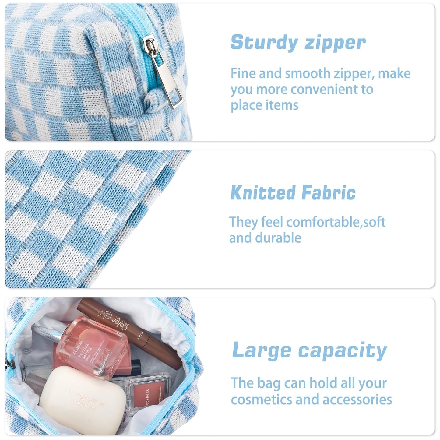 2Pcs Checkered Pencil Case Cute Pencil Pouch for Teens Checkered Makeup Bag Travel Cosmetic Bag Set Cute Makeup Pouch for Purse Portable Zippered Skincare Bags Preppy Toiletry Bags Organizer(Blue)