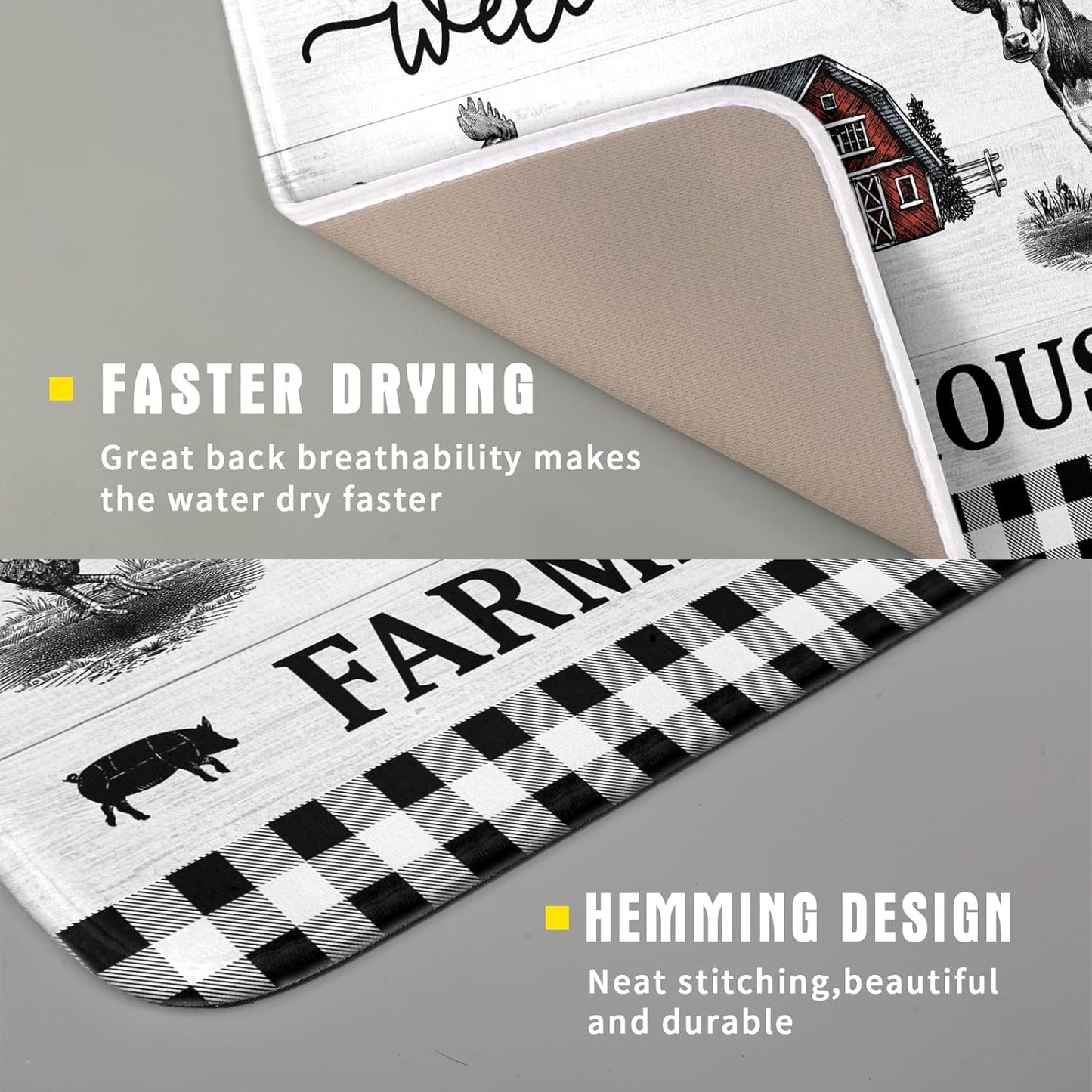 Farmhouse Barn Dish Drying Mat 16x18 Inch Cow Rooster Absorbent Microfiber Dish Drainer Rack Pad Bottles Protector for Kitchen Counter