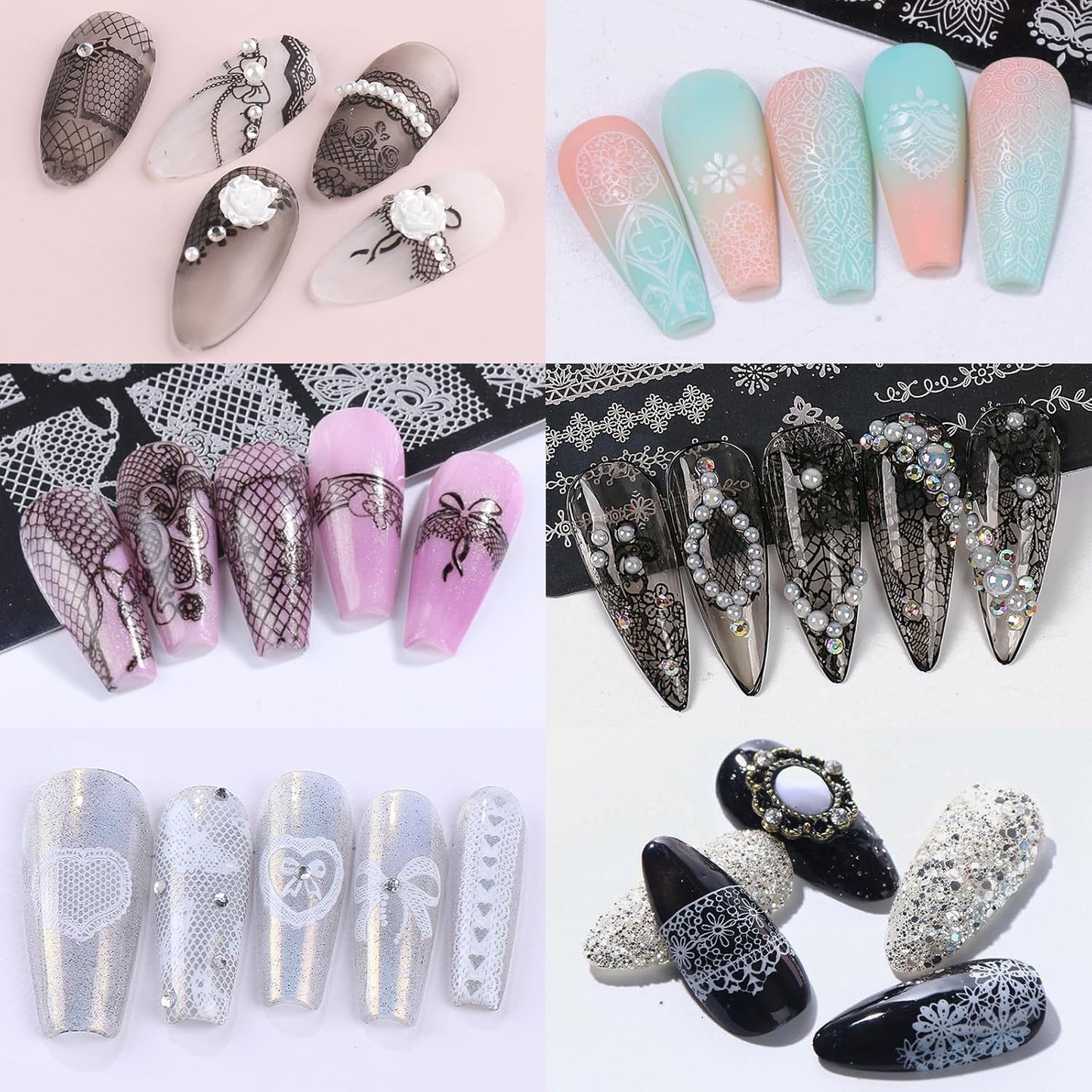 6pcs Lace Flower Design Nail Stamping Plate Kit With French Tip Nail Stamper Kit Ribbon Bow Knot Nail Stencil Reusable Stainless Steel Manicure Tool Nail Supplies for Salon DIY