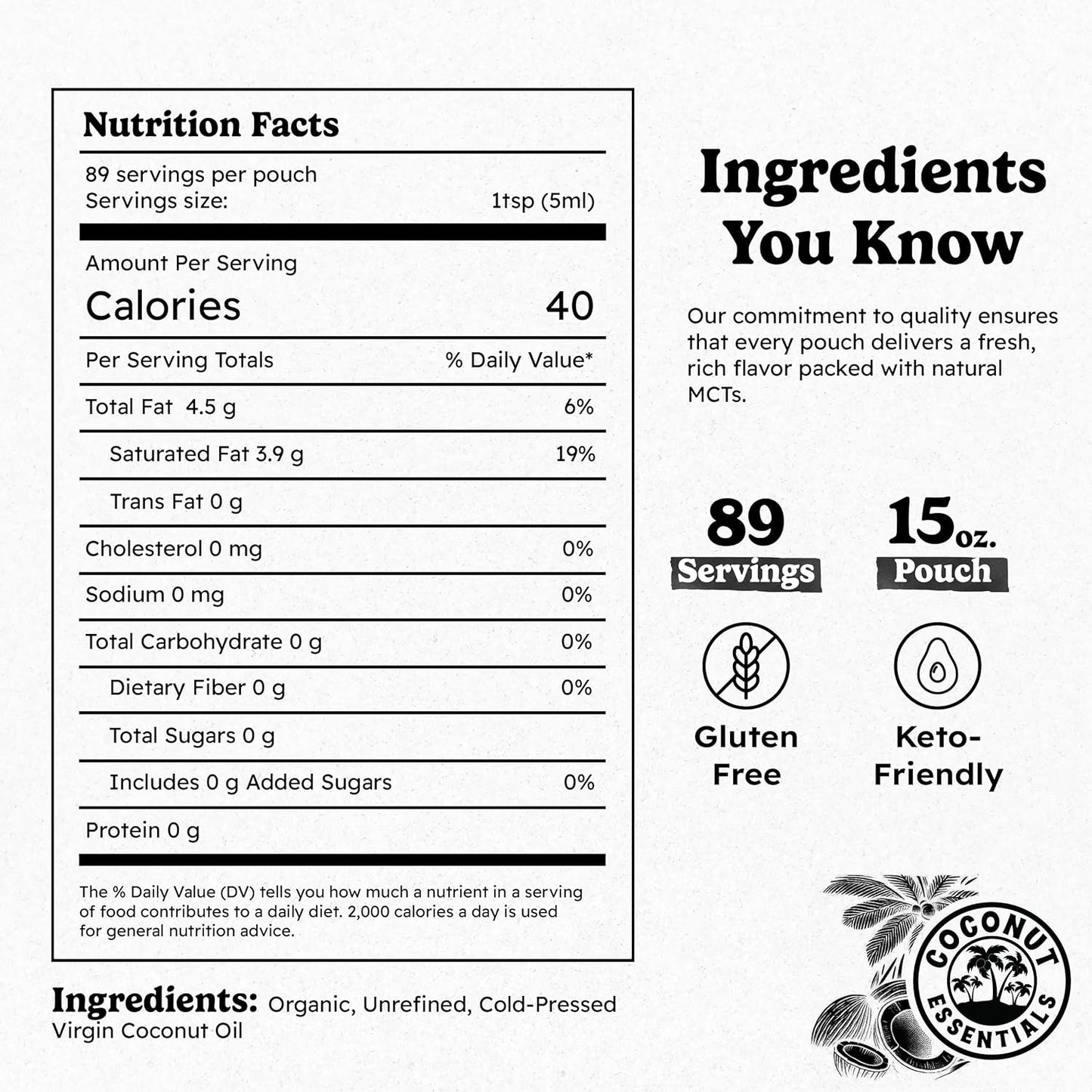 Coconut Essentials - Organic Coconut Oil for Coffee, Cold-Pressed, MCT Oil for Weight Loss, Brain & Digestive Health, Keto-Friendly, Natural Slim, 1 Pouch, 15 fl oz