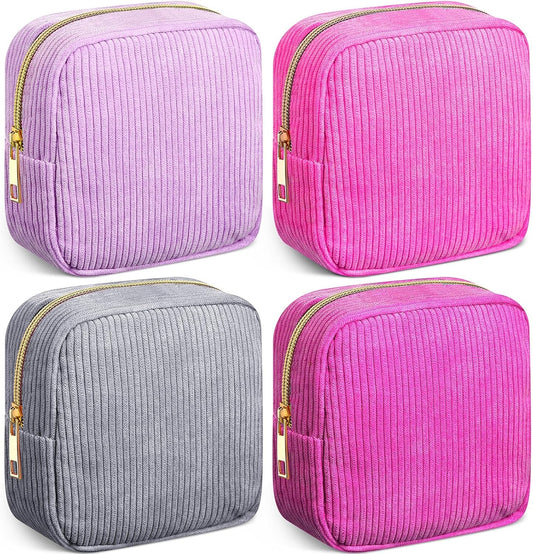 4 Pcs Sanitary Napkin Storage Bag Corduroy Period Bag for School Teen Mini Makeup Preppy Cosmetic Wallet Set for Women Portable First Period Cute Pad Pouch with Zipper (Purple Grey Series)