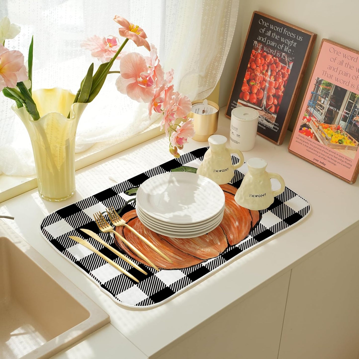 Fall Dish Drying Mat for Kitchen Counter, 18x24 Inch Buffalo Plaid Orange Pumpkin Absorbent Dish Drying Pad Heat Resistant Mat Coffee Bar Mat Dish Drainer Rack Mat