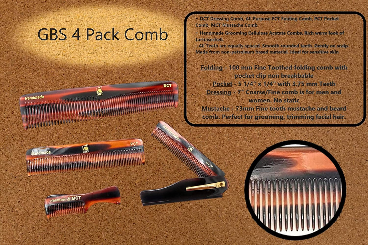 Handmade Hair Comb Set - 4 Piece Professional Grooming Kit for Men & Women (Dressing, Folding, Pocket & Mustache Combs)