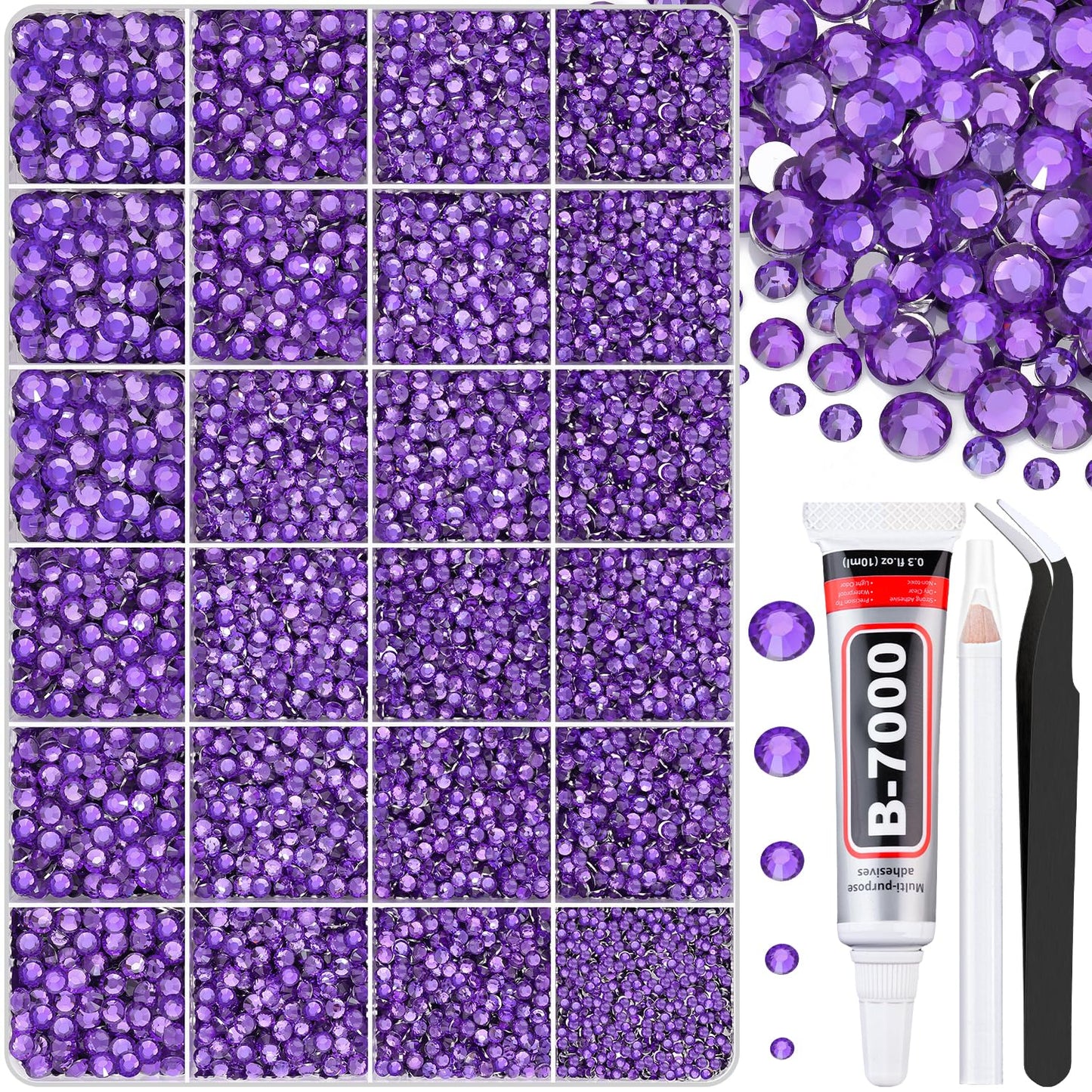 30000Pcs Dark Purple Rhinestones for Bedazzling with B7000 Jewelry Glue, Bedazzler Kit Flatback Gems, Resin Rhinestones for Crafting Crafts Clothing Shoes Fabric Nail Art Assorted Size 2/3/4/5/6mm