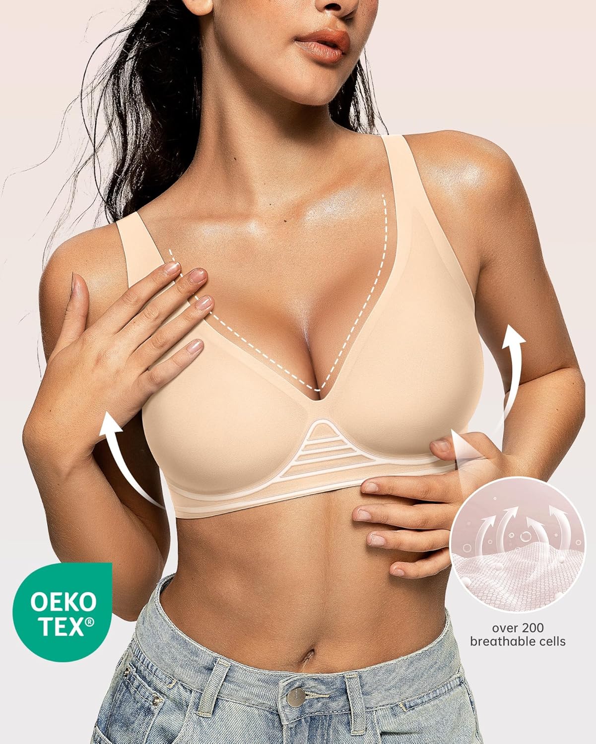 OEAK Womens Deep V Bras Wireless Comfortable Bra Supportive No Underwire Bras Tshirt Push Up Bralettes Plunge Seamless Bra