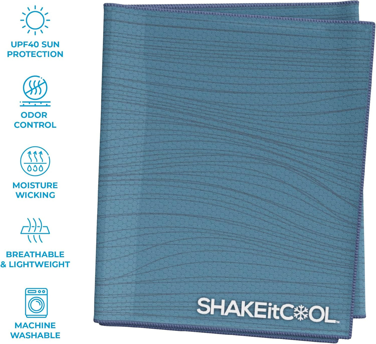 SHAKEitCOOL Extended Size Cooling Towel – Be Cool in Style - Heat Relief, Soft, Lightweight, Sun Protection, Easy Clean - Perfect for Biking, Hiking, Running, Yoga, Golf, Gardening - Steel Wave M