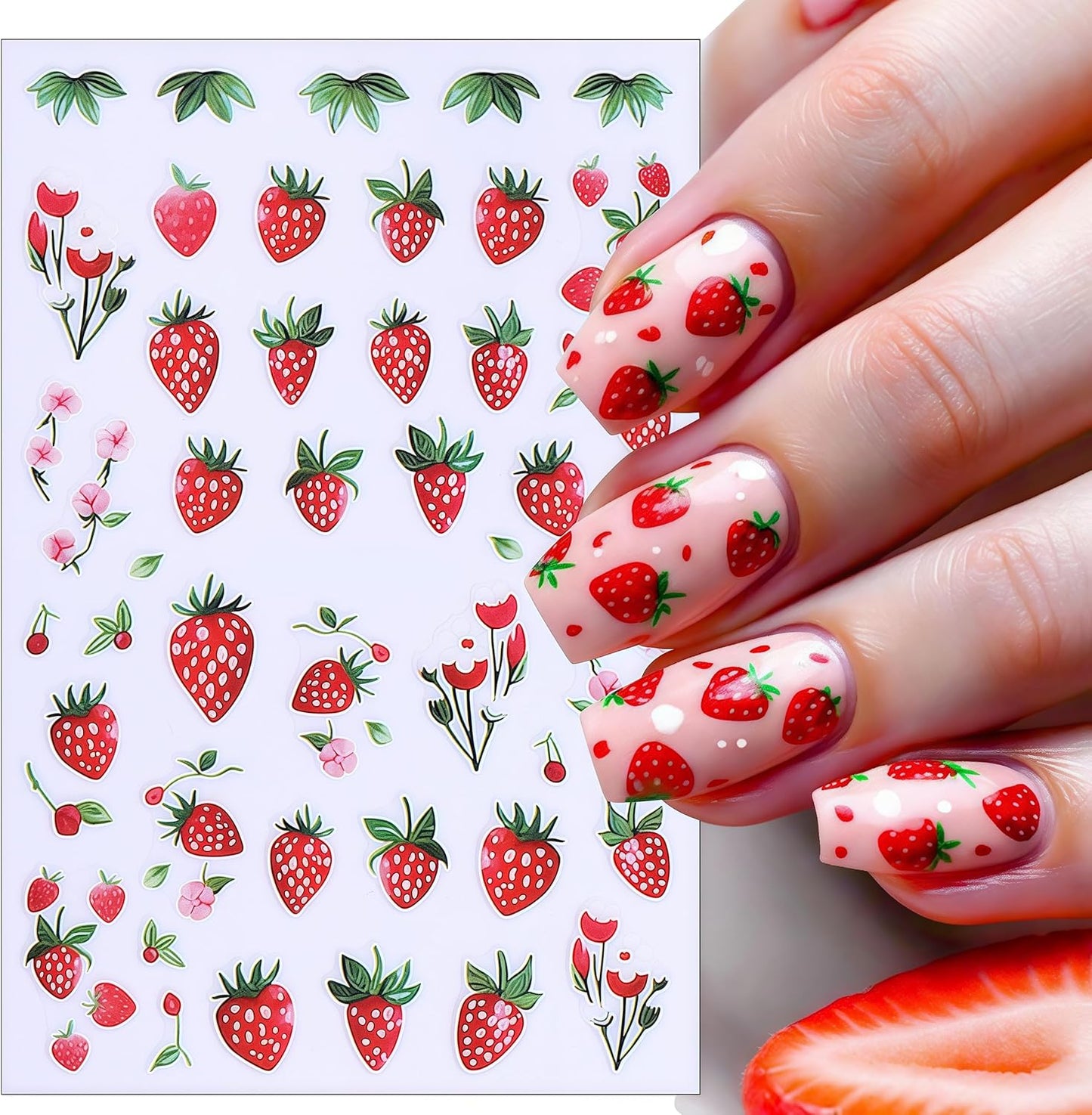 Summer Fruit Nail Art Stickers 3D Self-Adhesive Lemon Strawberry Blueberry Summer with Flower Design Decals Cute Fruit Sticker for Nails Women DIY Manicure Decorations 8 Sheets