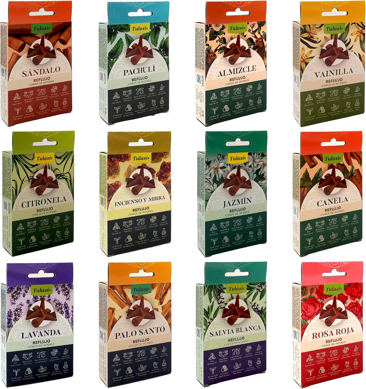 Tulasi Backflow Incense Cones with Natural Oils, Scents Set of 12 Fragrances (120 Cones) Calming Home Aromatherapy, Yoga, Meditation, Relaxing, Mixed Scents with Natural Oils