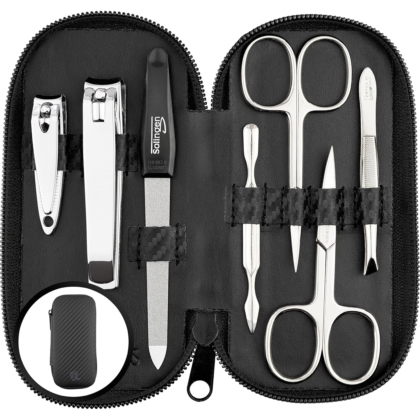Manicure Set Solingen Made in Germany - 7 Piece Exclusive Finger & Toe Nail Clippers Kit for Women and Men in Vegan Leather Case, Color Carbon