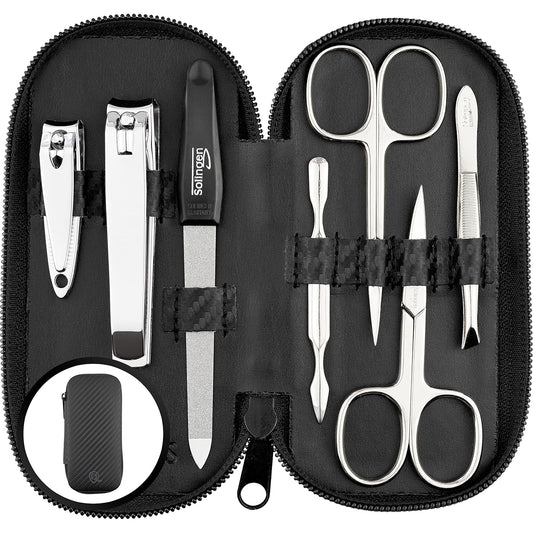 Manicure Set Solingen Made in Germany - 7 Piece Exclusive Finger & Toe Nail Clippers Kit for Women and Men in Vegan Leather Case, Color Carbon