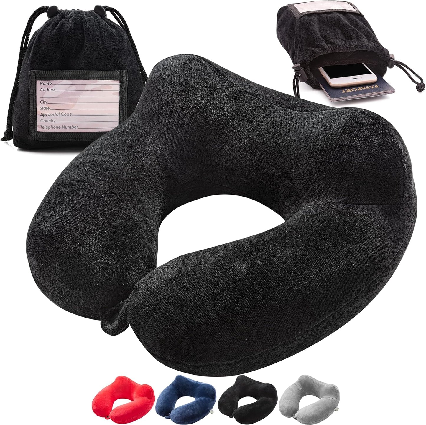 Inflatable Travel Neck Pillow: Extra-Soft, Cushion. for Airplanes, Trains, Cars, Portable Travel Accessory-with Carrying Pouch for Cell Phone and Passport Etc. (Black) (OW-103)