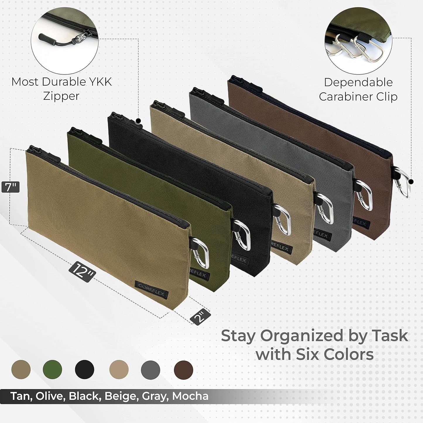 COREFLEX Premium Tool Pouch Zipper Bag, Small Tool Bag, Multipurpose Storage pouch, Heavy duty Flat Bottom Tool bag with YKK Zipper (6 pack Large 12inch)