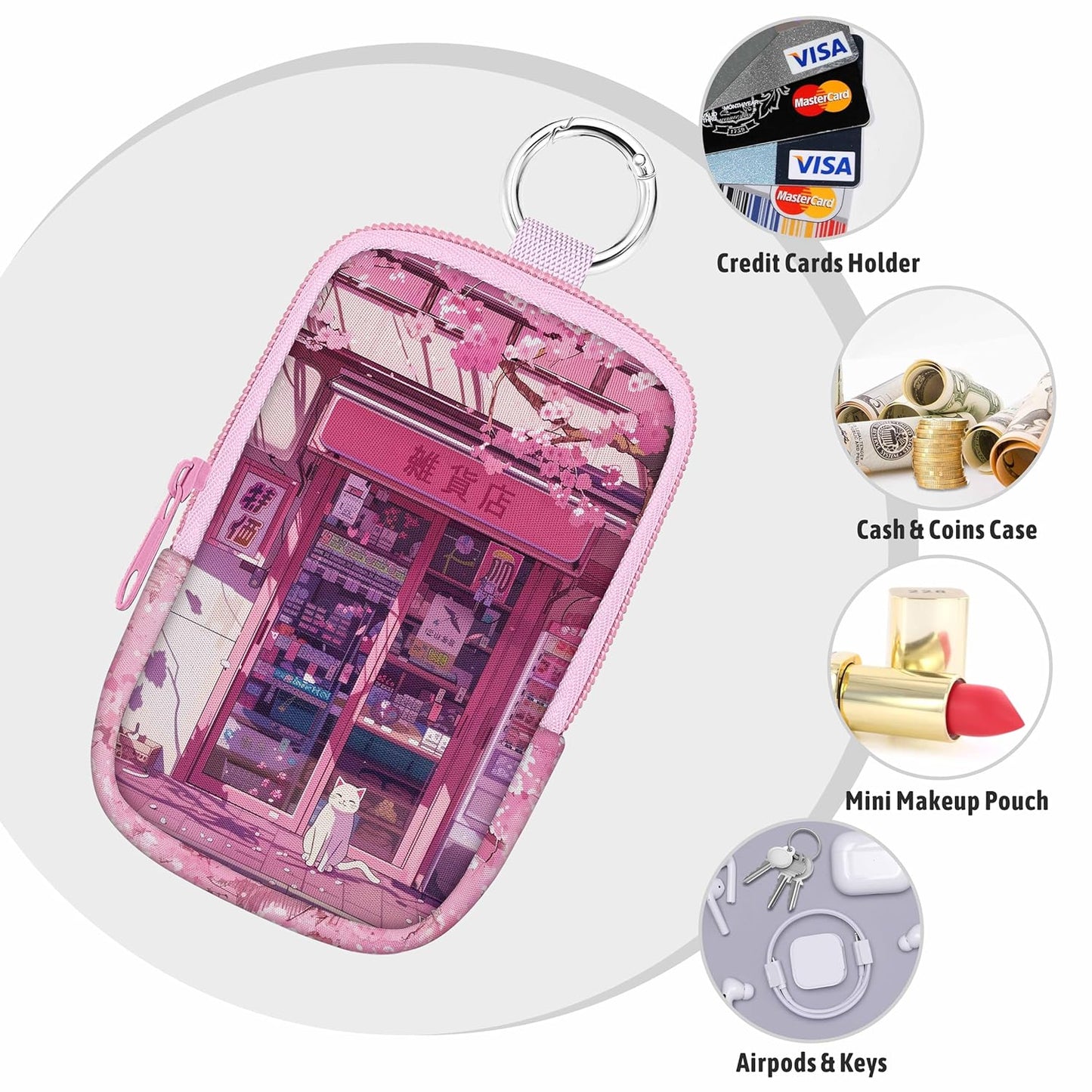 Hand Sanitizer Spray Case, Kawaii White Cats Hand Sanitizer Holder Zippered Pouch, Cute Fashion Accessory with Snap Hook for Glow Mist and Power Mist 1FL OZ