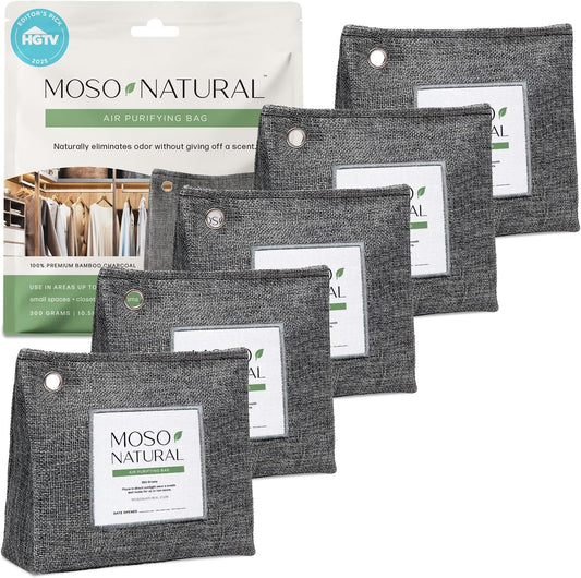 Moso Natural Air Purifying Bag 300g (10.58oz) Premium Bamboo Charcoal Odor Absorber for Home & Pet, Closet Odor Eliminator & Small Room Deodorizer, Charcoal Bags Last 2 Years, Unscented (5 Pack)