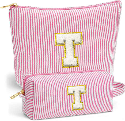 Initial Makeup Bag for Women - Travel Pouch, Portable Cosmetic Bag Make up Kit Pouch | Travel Essentials Cute Makeup Bag Birthday Gifts for Women, Pink Letter T