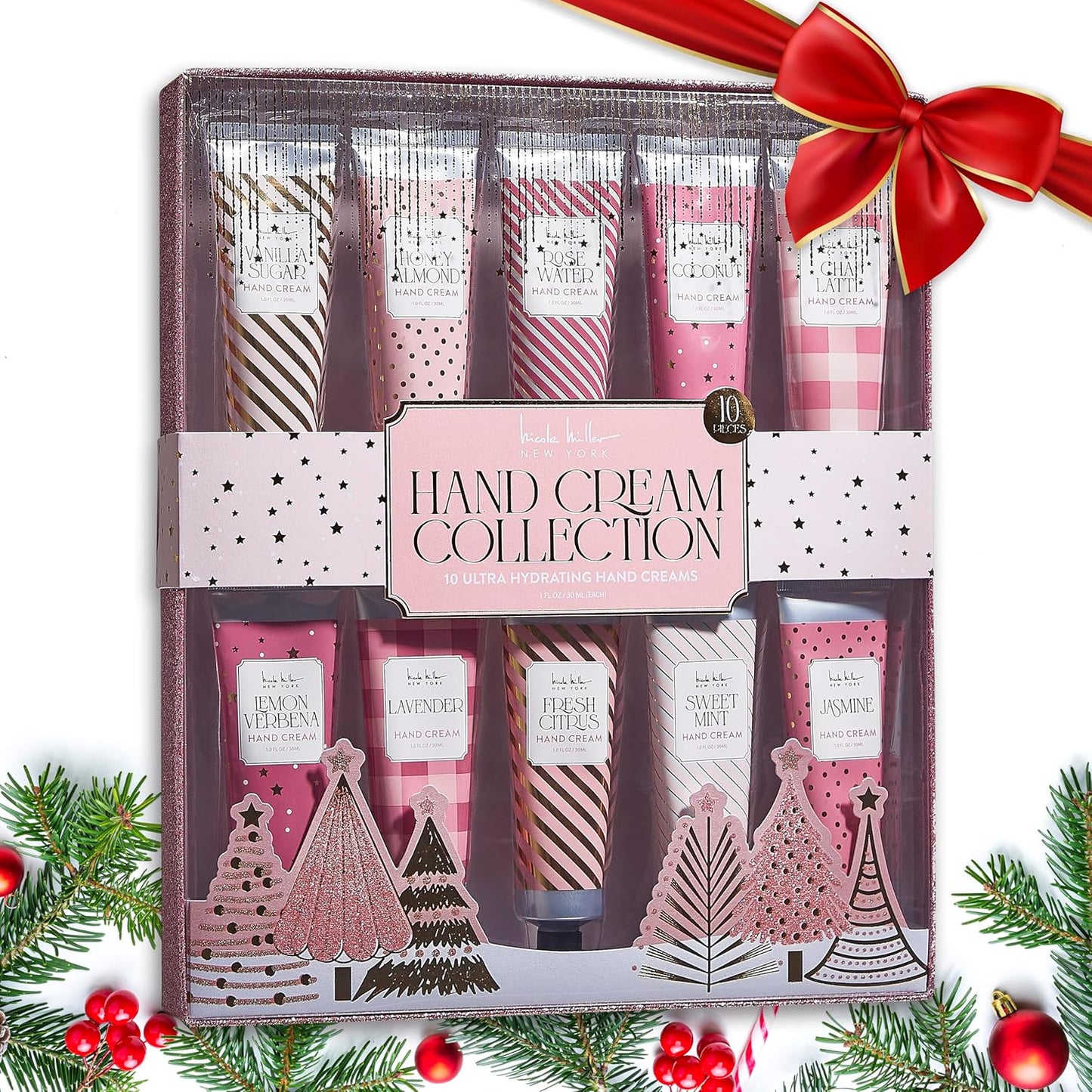 Nicole Miller New York 10-Piece Festive Fragrance Hand Cream Collection - 30ml Each Bottle, Ultra Hydrating Luxury for Your Hands, Pink Gold