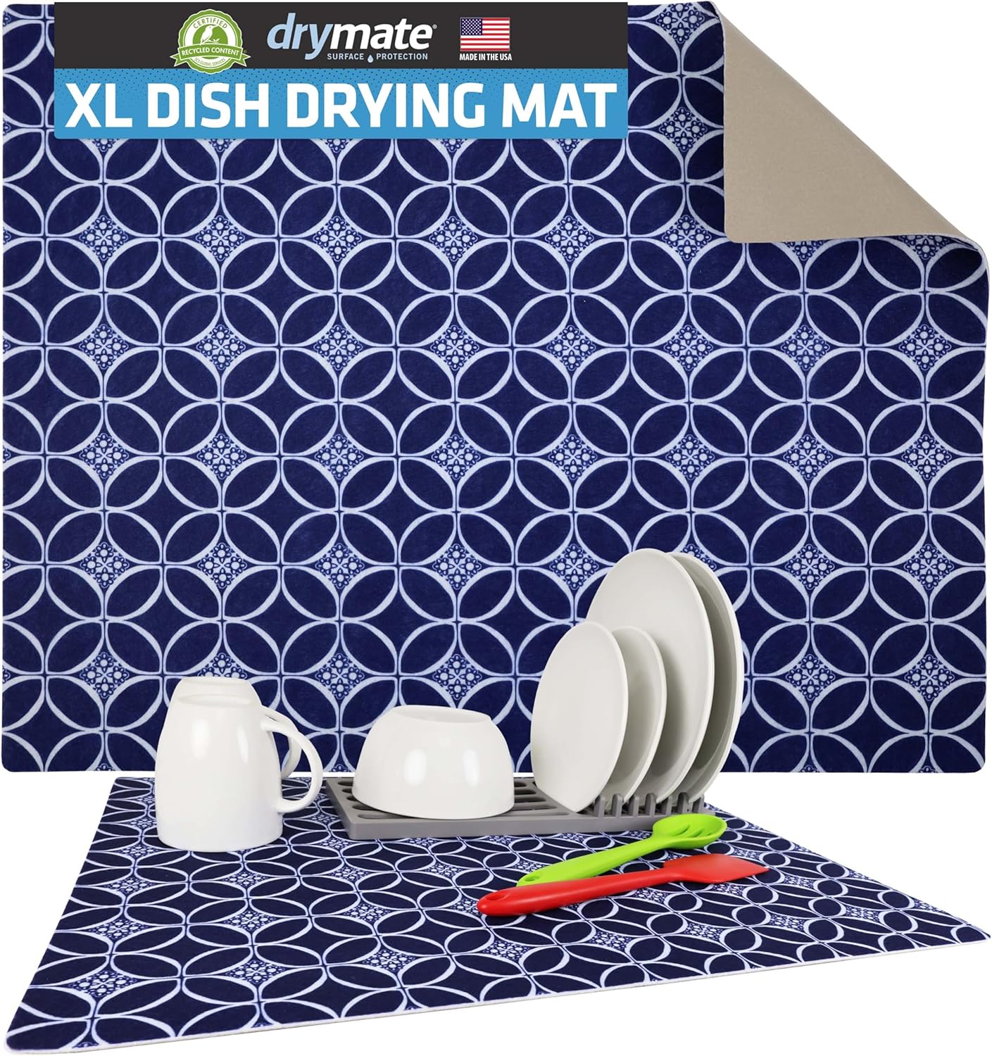 Drymate XL Dish Drying Mat, Oversized (19”x24”), Low-Profile, Super Absorbent, Quick Dry Fabric, Waterproof & Slip-Resistant, for Kitchen Counter, Trimmable, Easy to Clean (USA Made)(Indigo)