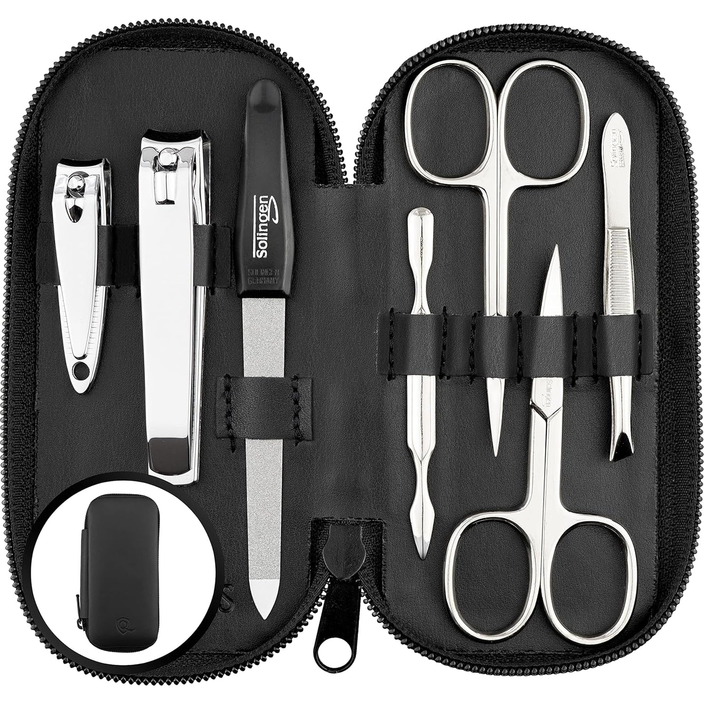 marQus Manicure Set Solingen Made in Germany - 7 piece stainless steel exclusive finger & toe nail clippers set in Nappa black leather case, made in Solingen Germany* (except for clippers)
