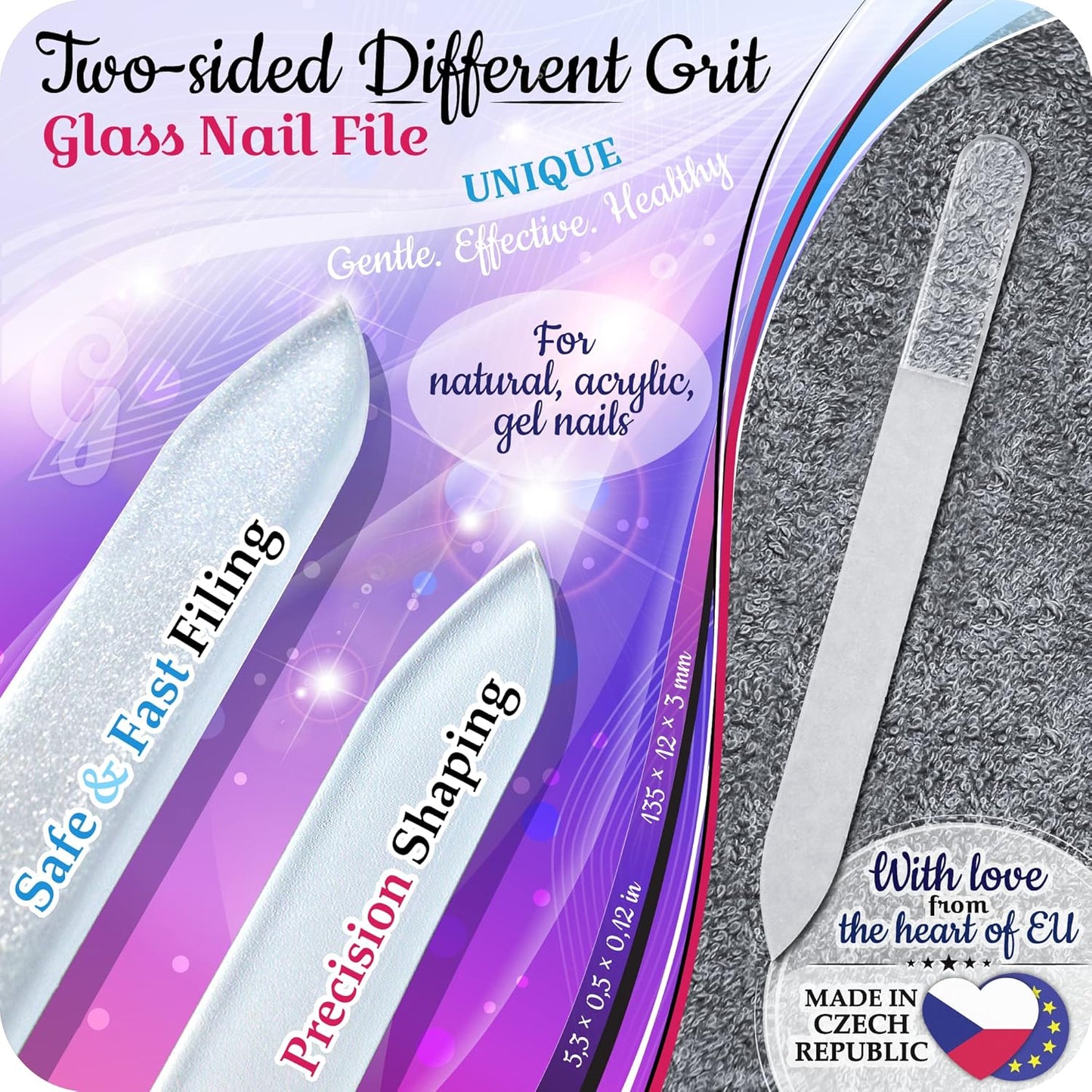 GLADZY Genuine Czech Glass Nail File Set - Callus Remover Foot Rasp, Cuticle Pusher Manicure Stick, Double Sided Etched Different Grit Surface, Professional Nail Care Tool, Made in EU