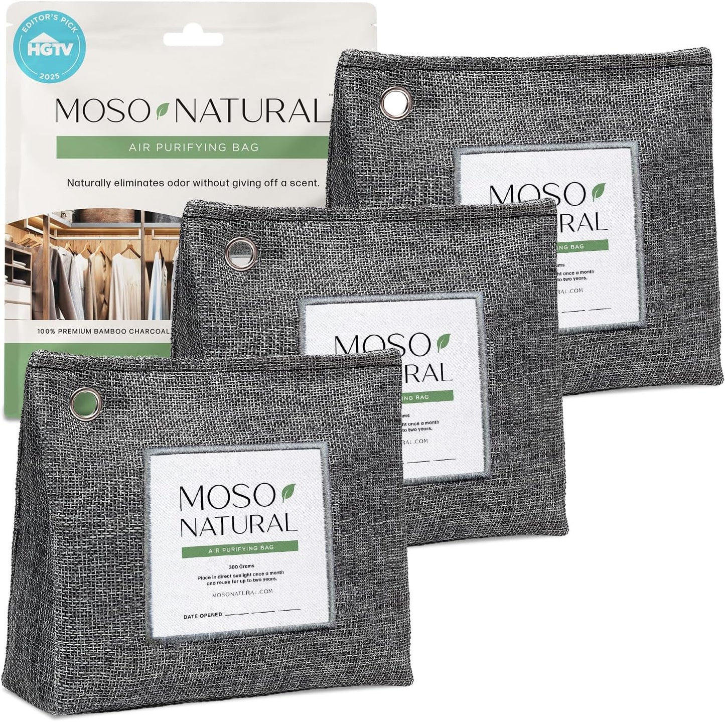 Moso Natural Air Purifying Bag 300g (10.58oz) Premium Bamboo Charcoal Odor Absorber for Home & Pet | Closet Odor Eliminator & Small Room Deodorizer | Charcoal Bags Last 2 Years | Unscented (3 Pack)