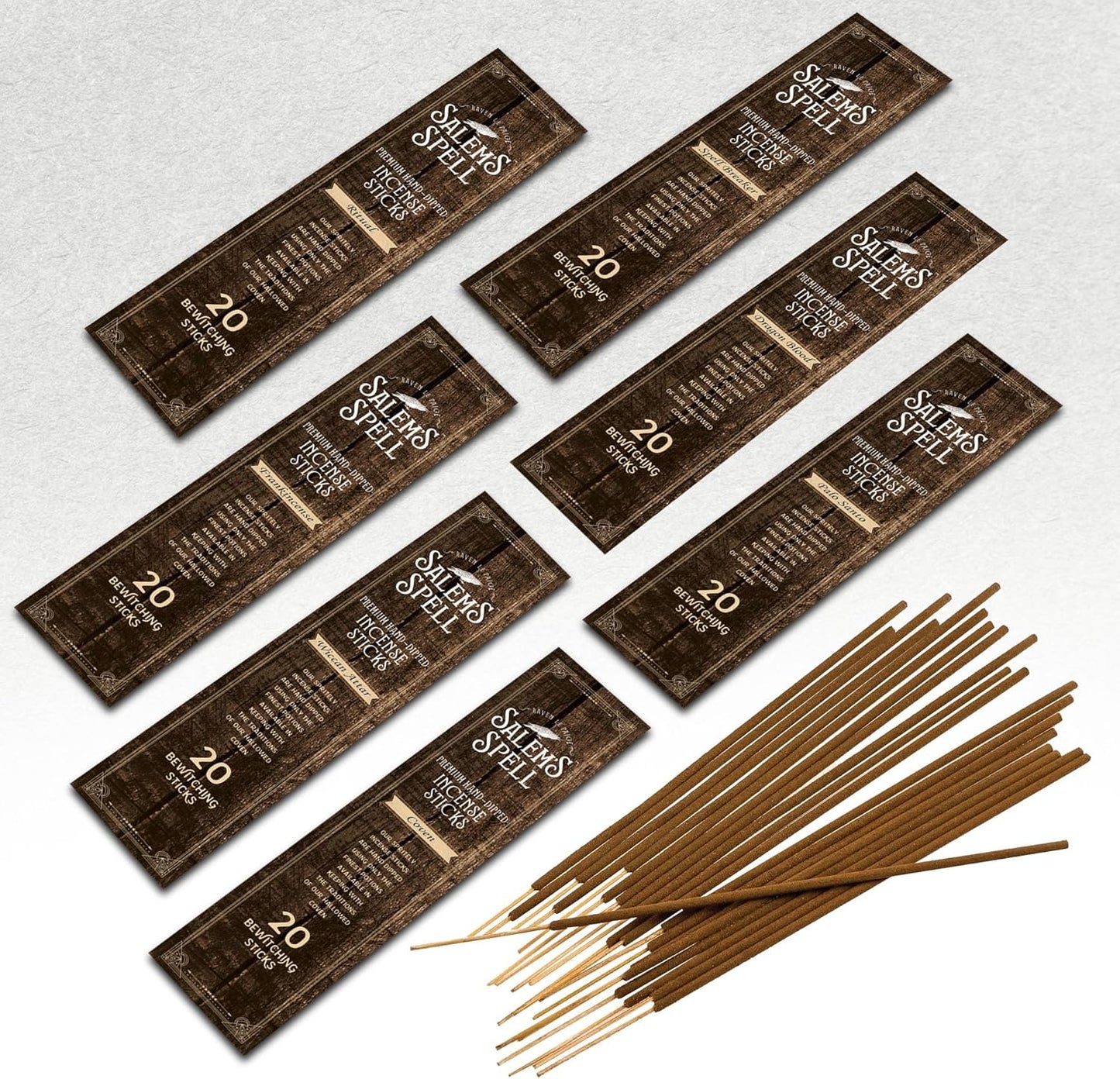 Mecka Salem Spell Incense Sticks | Set of 7 | Premium Slow Burn Organic Incense Sticks for Wicca Rituals and Mystic Vibes | 140 Insense Sticks of Palo Santo, Frankincense, Dragon Blood