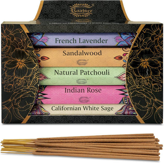 Raajsee Incense Sticks Multipack 15 Sticks x 5 Pack -100% Pure Organic Natural Assorted insense Stick - Hand Rolled Free from Chemicals -Perfect for Church Aromatherapy, Sandalwood,White sage, Rose