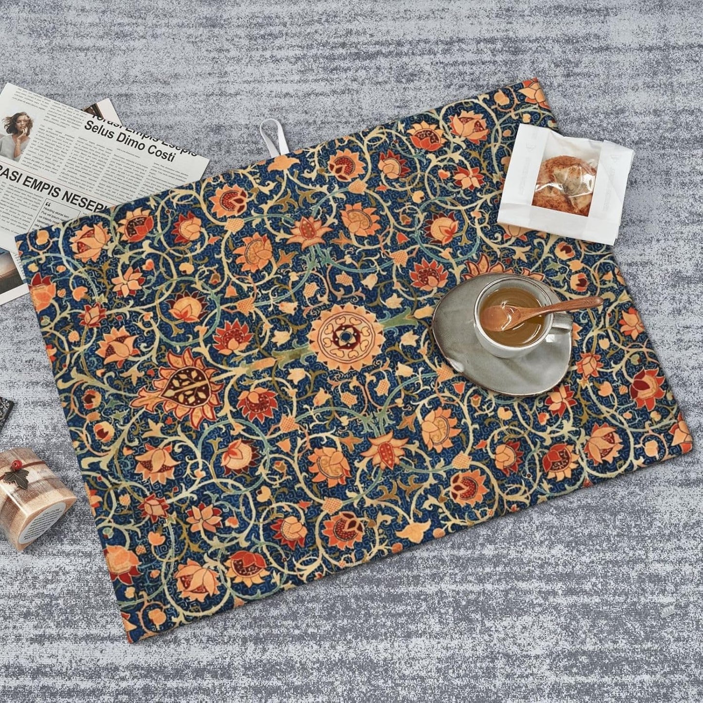 Floral Dish Drying Mat for Kitchen Counter, 18x24 Inch William Morris Boho Style Absorbent Dish Drying Pad Heat Resistant Mat Coffee Bar Mat Dish Drainer Rack Mat