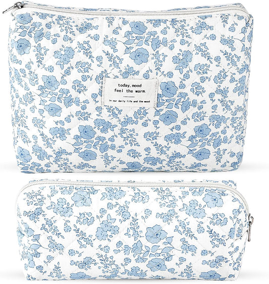 2Pcs Quilted Cotton Makeup Bag Travel Makeup Brush Bag Large Small Pouch Set for Women Floral Coquette Makeup Bags Cute Aesthetic Cosmetic Pouch Blue Toiletry Organizer Storage Bags
