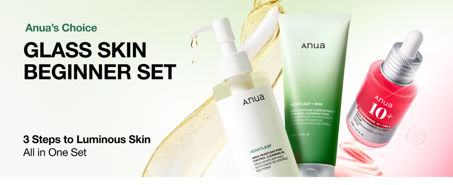 Anua 3-Step Glass Skin Beginner Set, Double Cleansing with Facial Serum, Oil Cleanser & Face Wash with Heartleaf, Daily Routine with Niacinamide, Korean Skincare Set